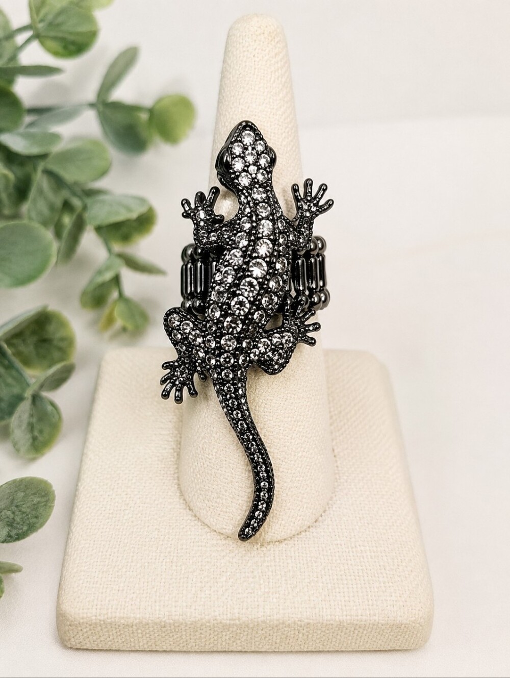 Rhinestone Lizard Adjustable Stretch Ring Gothic Gecko Statement Jewelry